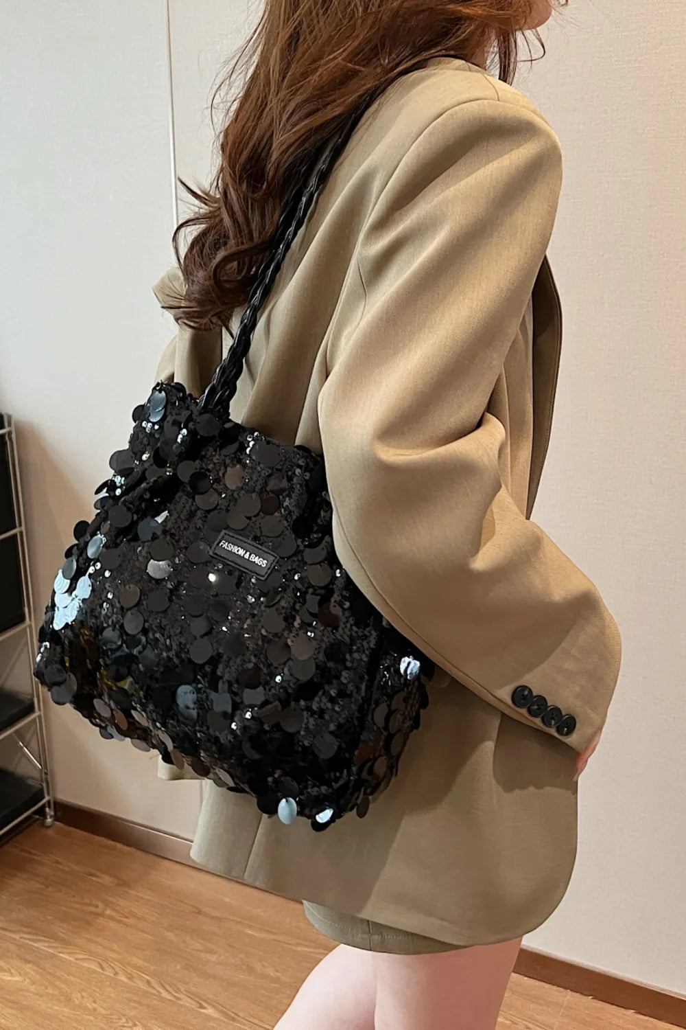 Sparkly Silver Sequin Bag with Braided Shoulder Strap (Hobo Style)