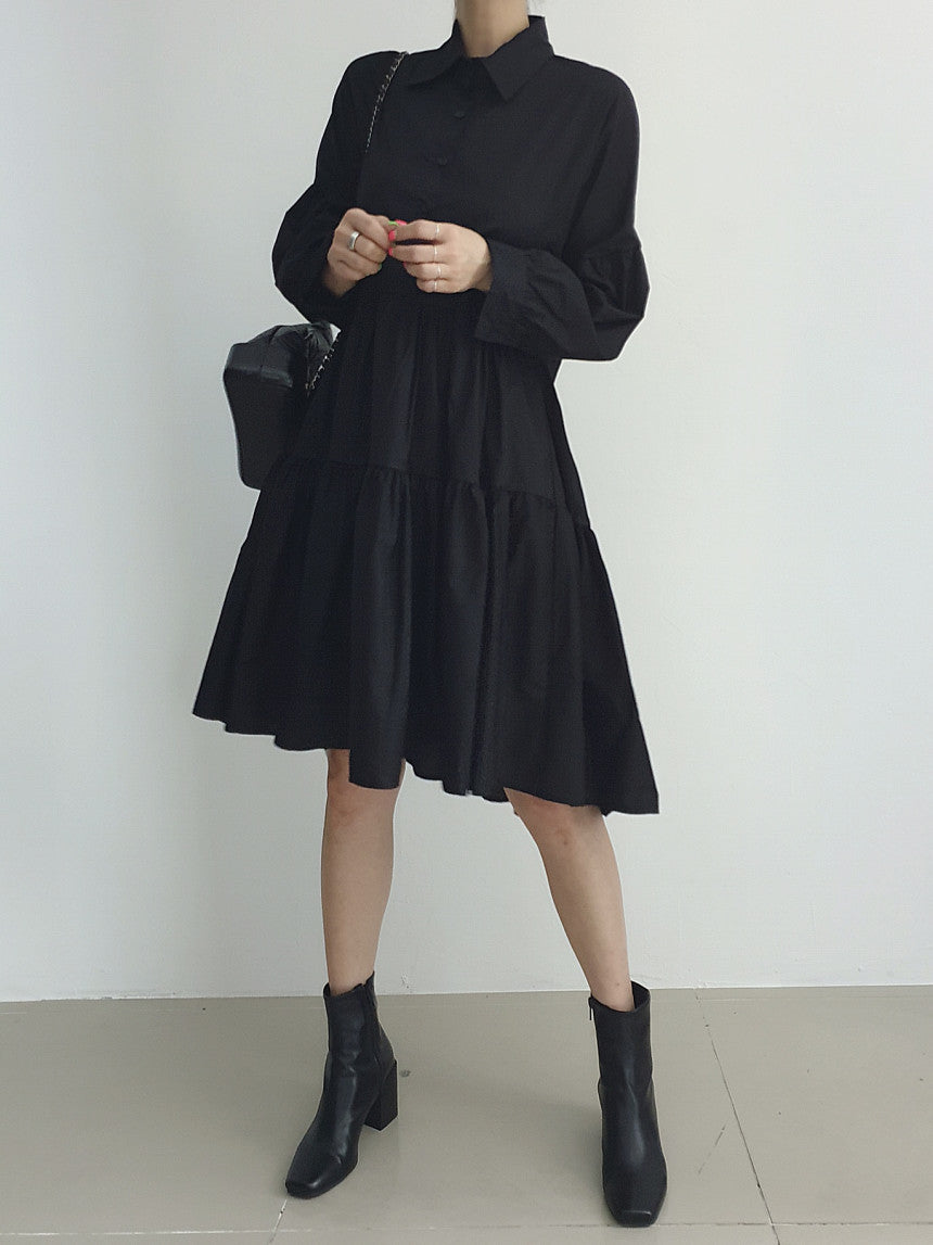 Chic Korean Style White Shirt Dress - Loose Fit Puff Sleeve Tiered Mini Dress for Women