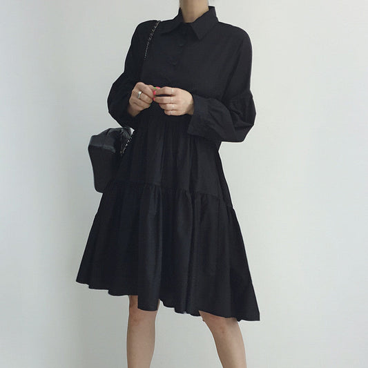 Chic Korean Style White Shirt Dress - Loose Fit Puff Sleeve Tiered Mini Dress for Women