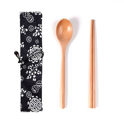 Japanese Style 3-Piece Portable Wooden Cutlery Set with Pouch
