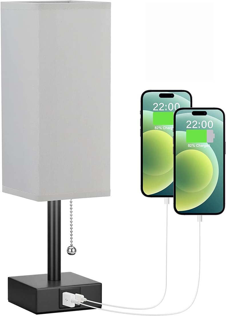 Modern Square Linen Desk Lamp with Dual USB Ports – 3 Color Modes & Pull Chain Switch for Bedroom