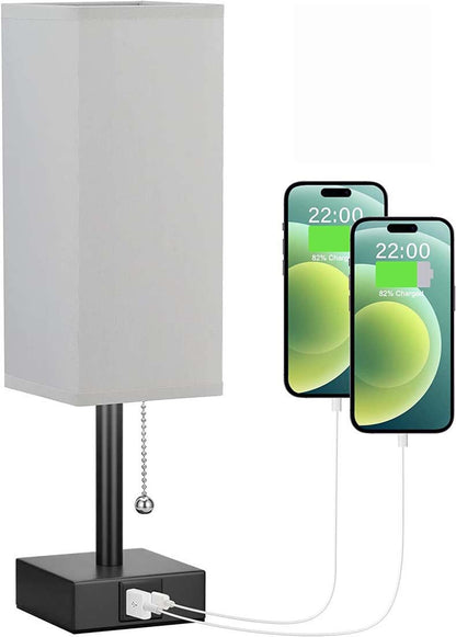 Modern Square Linen Desk Lamp with Dual USB Ports – 3 Color Modes & Pull Chain Switch for Bedroom