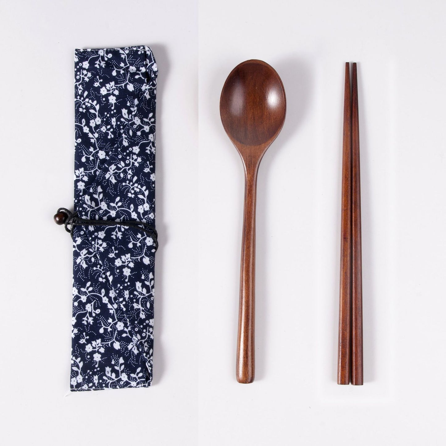 Japanese Style 3-Piece Portable Wooden Cutlery Set with Pouch