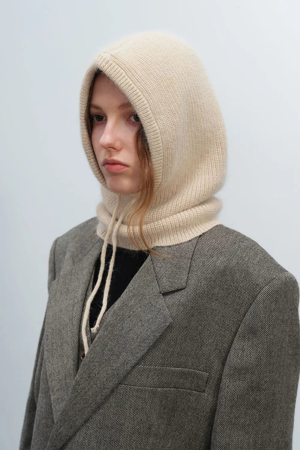 Drawstring Solid Thermal Knit Balaclava Hood | Winter Neck Warmer Hat