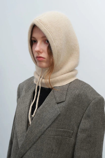 Drawstring Solid Thermal Knit Balaclava Hood | Winter Neck Warmer Hat