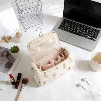 Hanging Quilted Floral Cosmetic Bag - Large Capacity Travel Toiletry Storage Organizer