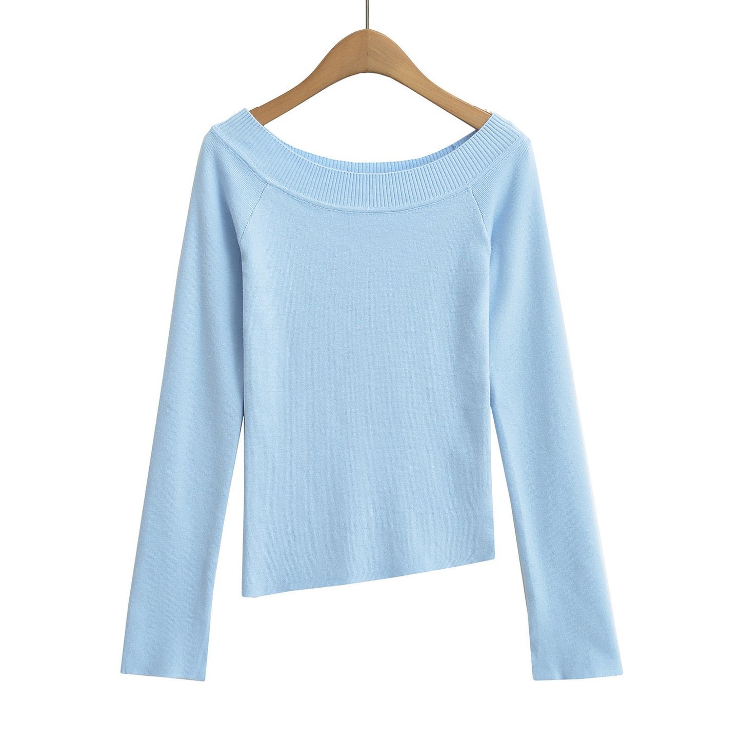 Chic Off-Shoulder Asymmetrical Knit Top – Slim Fit Elastic Long Sleeve Shirt for Women