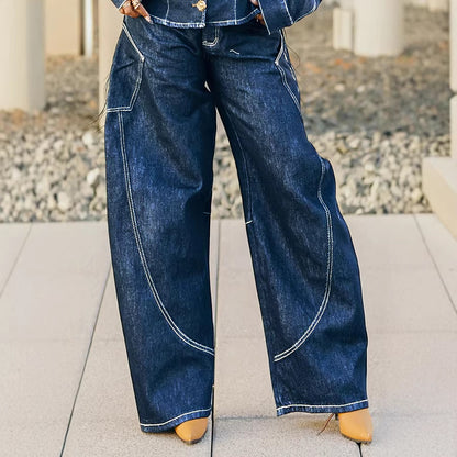 Stylish Stitched Curved Hem Denim Pants - Trendy Wide Leg Jeans for Women