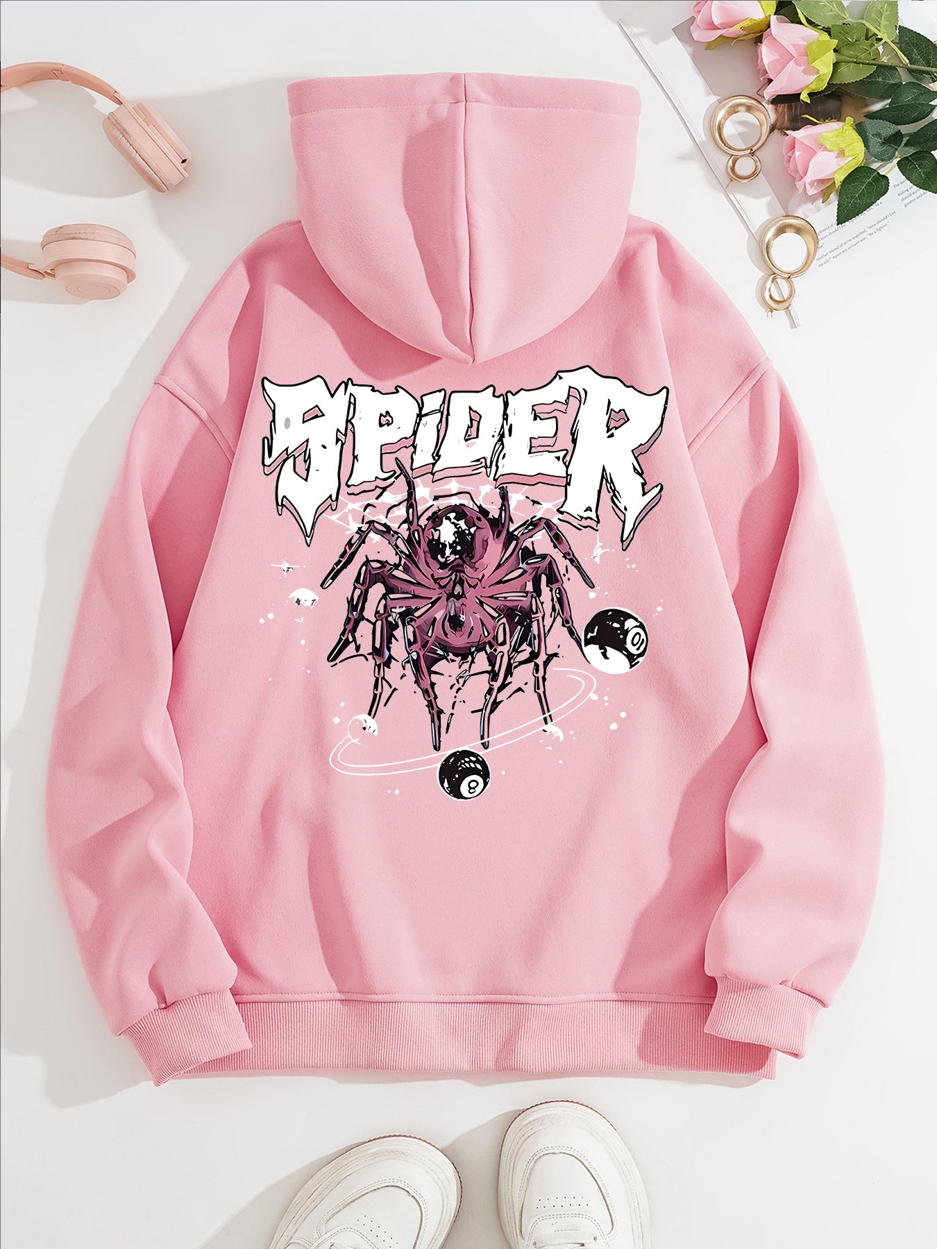 Grunge Spider Graphic Print Hoodie | Oversized Lavender Pullover for Streetwear