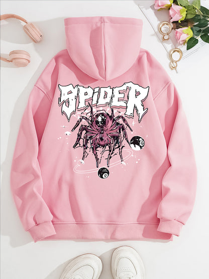 Grunge Spider Graphic Print Hoodie | Oversized Lavender Pullover for Streetwear
