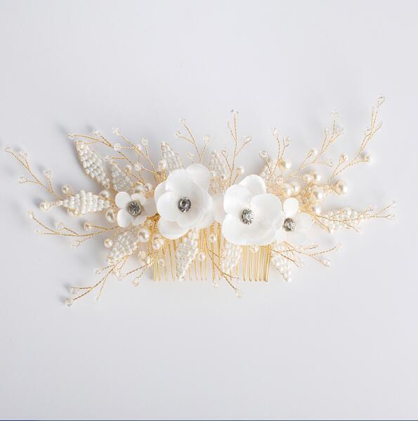 Gold Bridal Hair Comb/Vine with Pearl Beads & Crystal Flowers / Wedding Headpiece Hair Accessories for Women