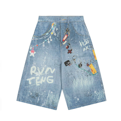 Graffiti Splatter Chain Detail Denim Shorts - Unisex Y2K Washed Wide Leg Streetwear Pants