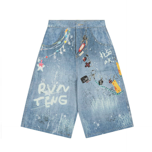 Graffiti Splatter Chain Detail Denim Shorts - Unisex Y2K Washed Wide Leg Streetwear Pants