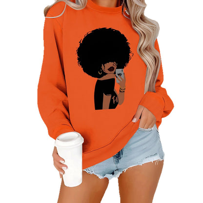 Afro Woman Portrait Print Sweatshirt | Stylish Orange Crewneck Pullover for Women