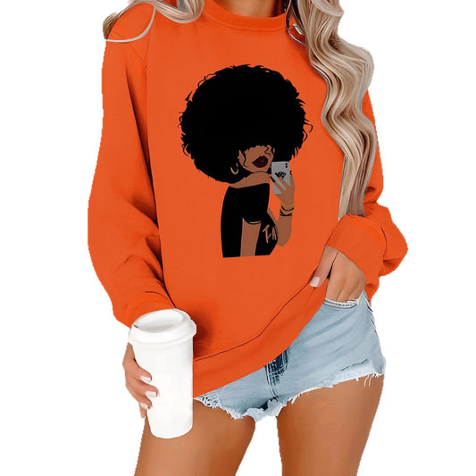 Afro Woman Portrait Print Sweatshirt | Stylish Orange Crewneck Pullover for Women