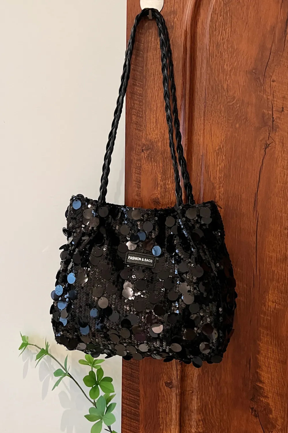 Sparkly Silver Sequin Bag with Braided Shoulder Strap (Hobo Style)