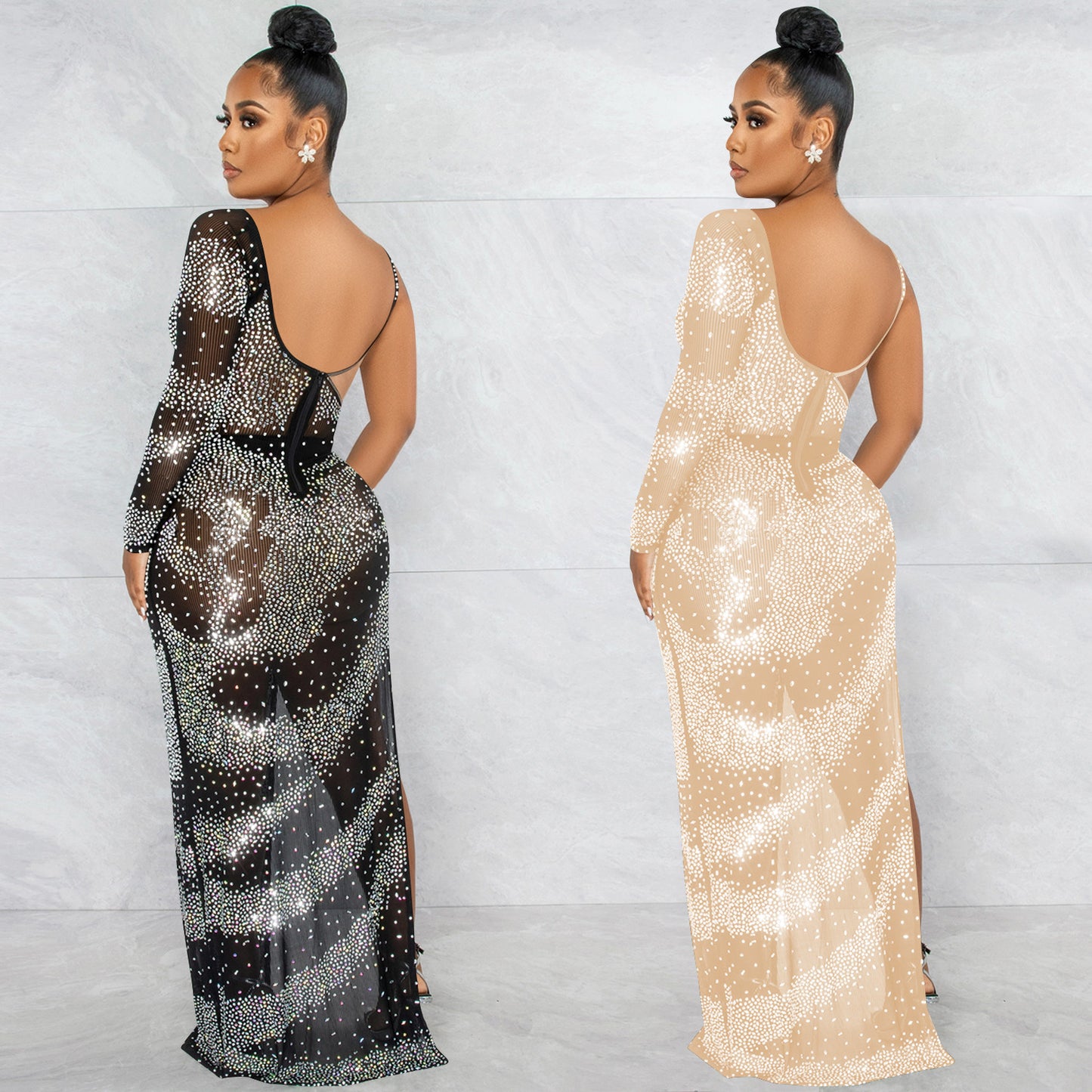 Glamorous Rhinestone Single Long Sleeve Maxi Dress – Sexy Irregular Slit Nightclub Outfit for Women