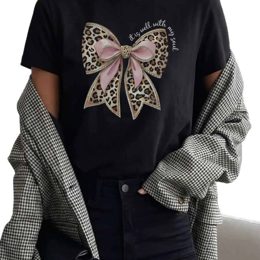 Women's "It Is Well With My Soul" Leopard Bow Short Sleeved Tee