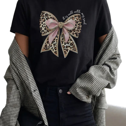 Women's "It Is Well With My Soul" Leopard Bow Short Sleeved Tee