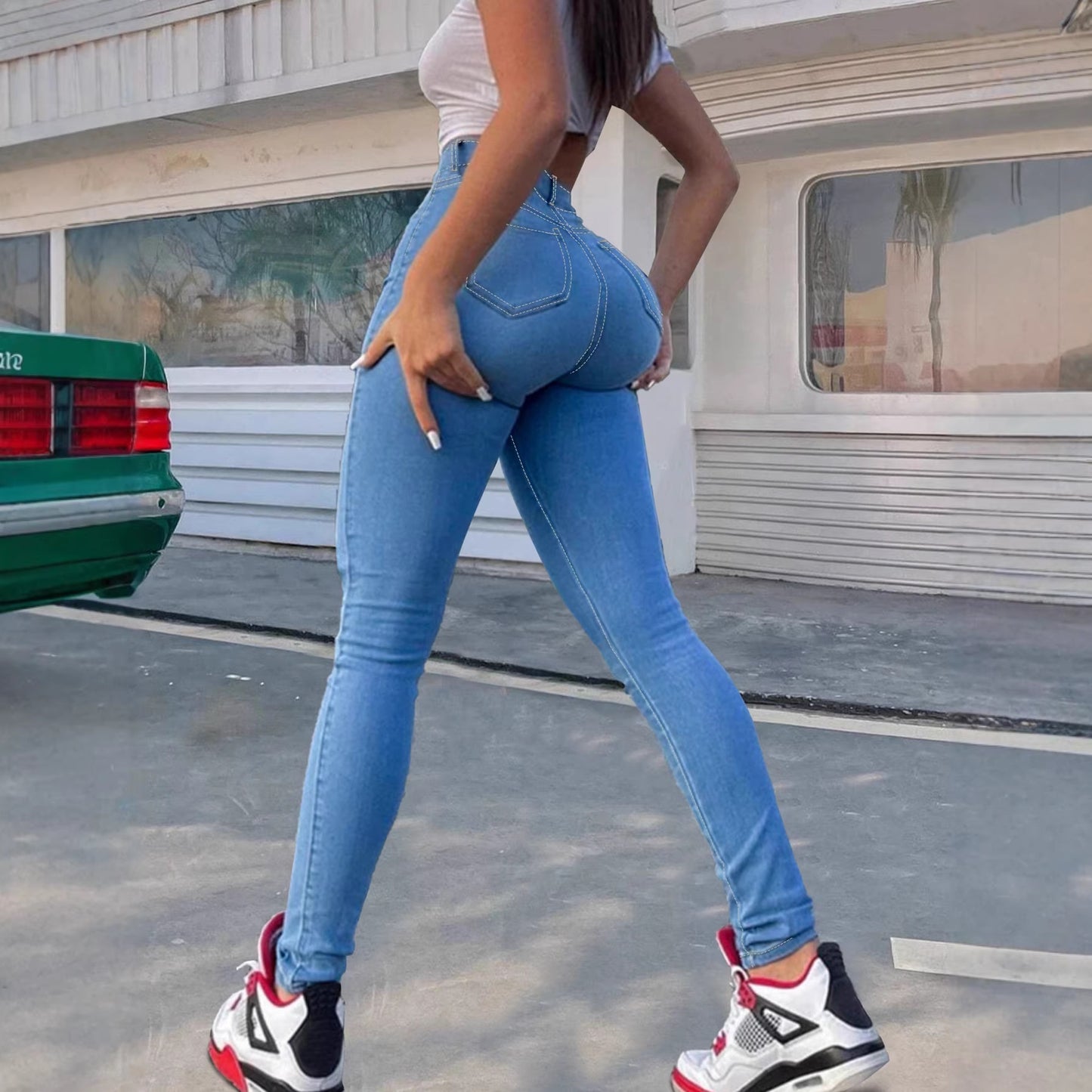 Women's Light Blue High Waisted Skinny Jeans - Stretch Elastic Denim Pencil Pants