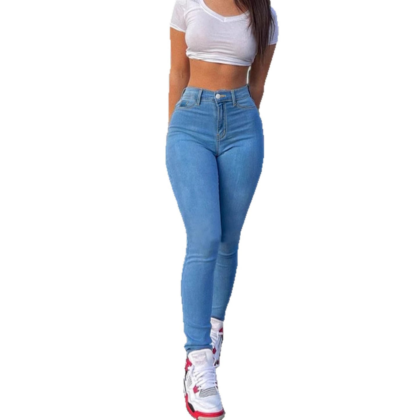 Women's Light Blue High Waisted Skinny Jeans - Stretch Elastic Denim Pencil Pants
