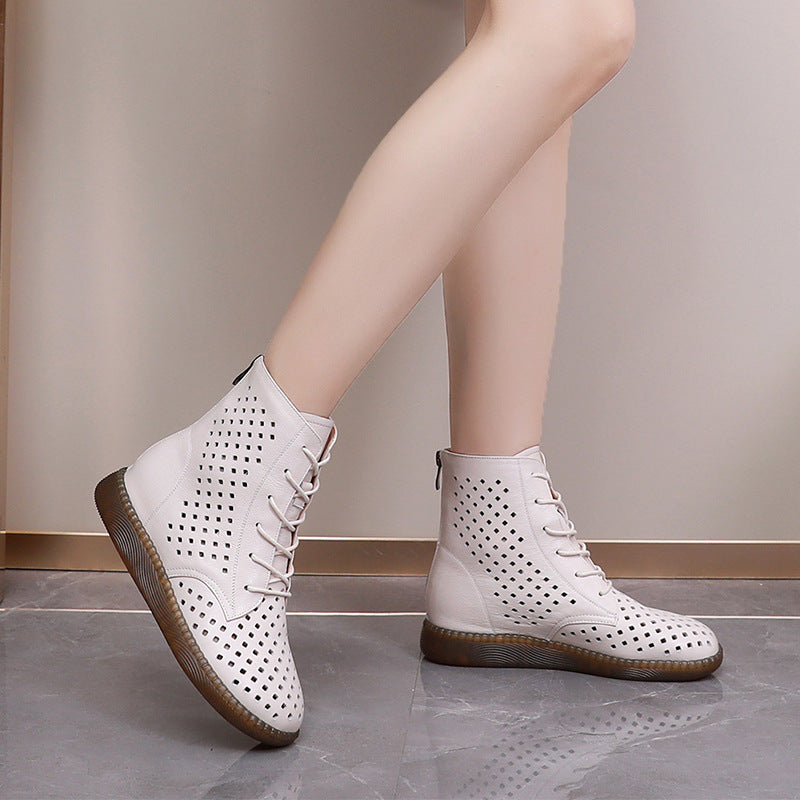 Women's Retro Hollowed Out Martin Boots – Soft Breathable Leather Flat Boots for All-Day Comfort
