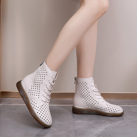 Women's Retro Hollowed Out Martin Boots – Soft Breathable Leather Flat Boots for All-Day Comfort