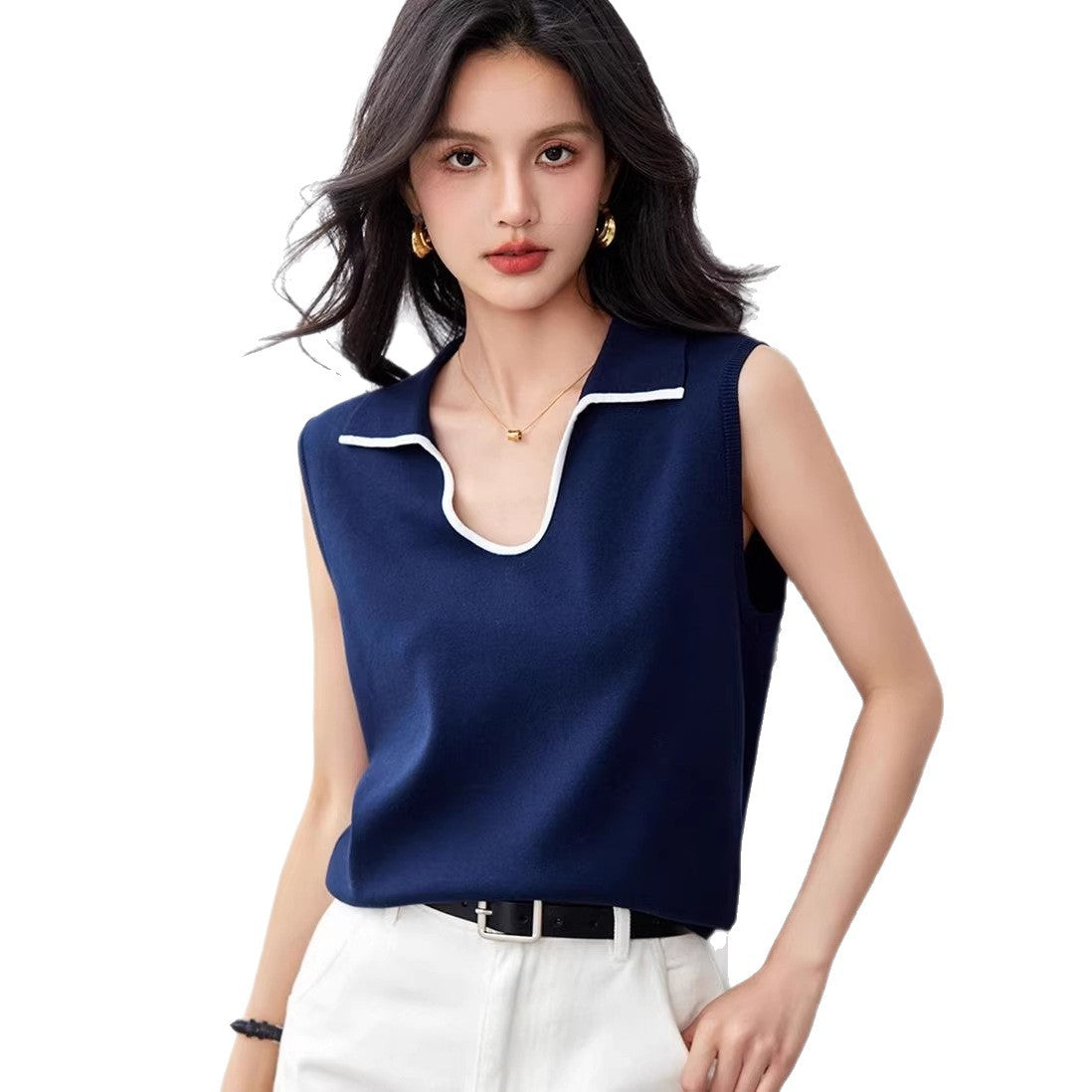 Elegant V-Neck Polo Knit Vest - Versatile Shoulder Cover Top for Women