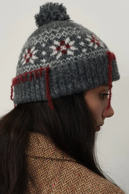 Geometric Pattern Knit Beanie with Seam Trim and Pompom | Stylish Winter Cap