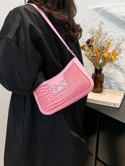 Elegant Crocodile Pattern PU Leather Shoulder Bag with Bow Detail