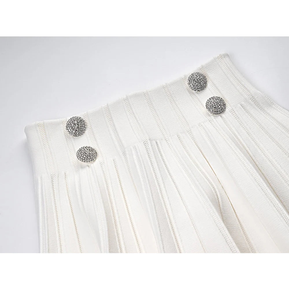 Chic High-Waist Pleated Mini Skirt - Elegant A-Line Knit Tennis Skirt with Button Detail