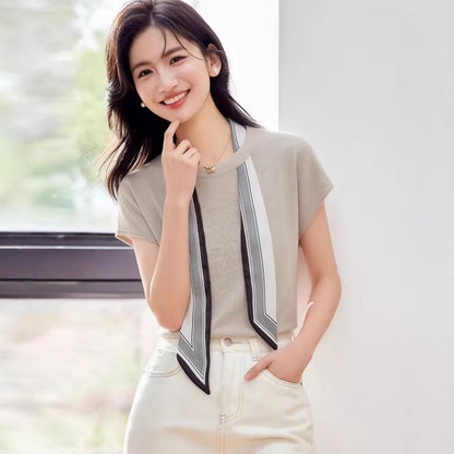 Women's Ice Silk Knit T-Shirt with Scarf Tie - Round Neck Short Sleeve Top