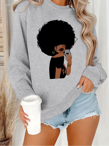 Afro Woman Portrait Print Sweatshirt | Stylish Orange Crewneck Pullover for Women