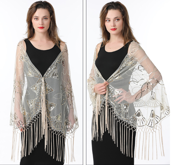 Women's Sequin Mesh Cape Shawl | Elegant Tassel Bolero Wedding & Evening Dress Wrap