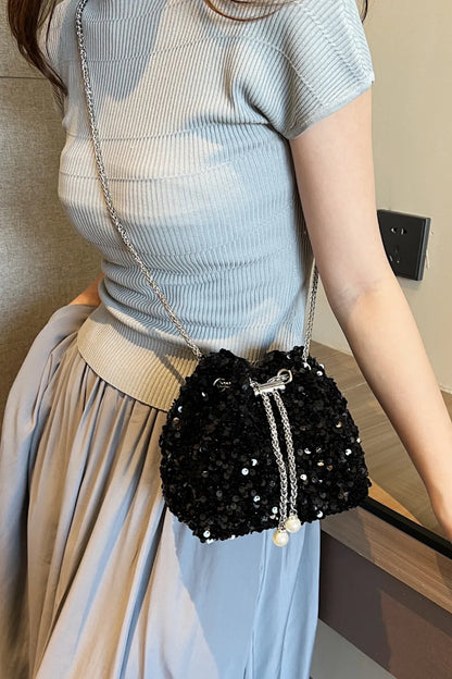 Sparkling Sequin Drawstring Bucket Bag with Chain Strap