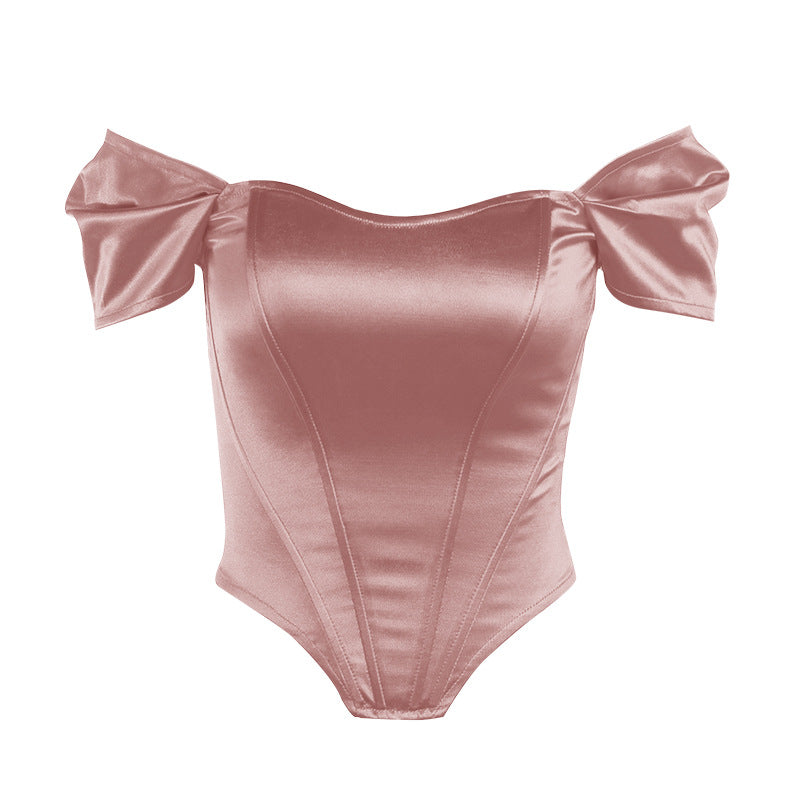 Fishbone Waist Cinched Strapless Satin One Shoulder Top for Women | Corset Style Top