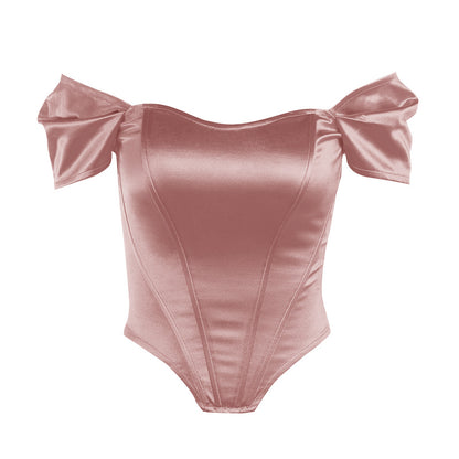 Fishbone Waist Cinched Strapless Satin One Shoulder Top for Women | Corset Style Top