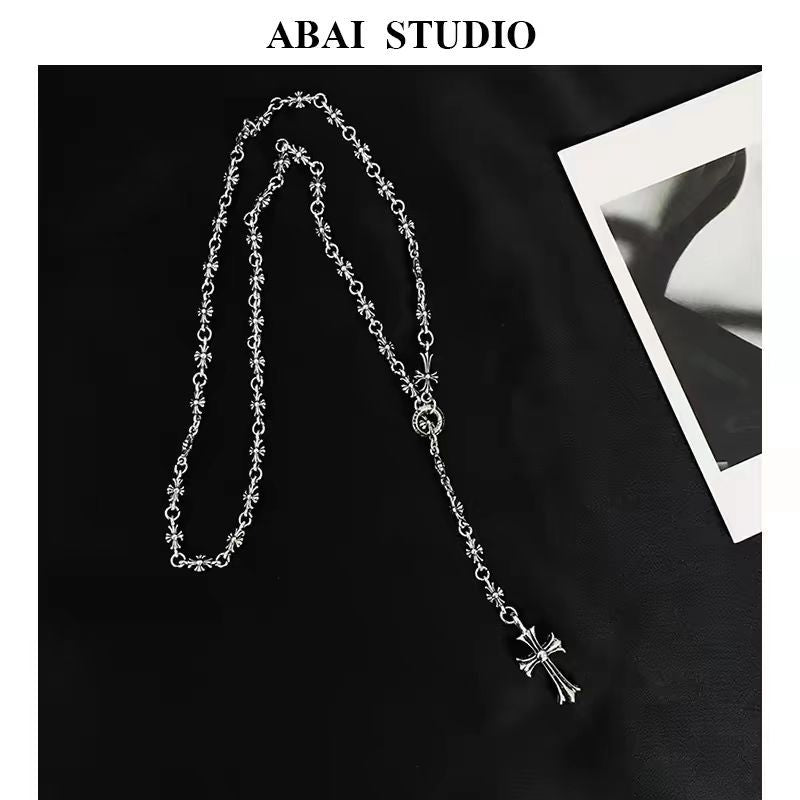 Ornate Silver Tone Cross Pendant Rosary Style Necklace