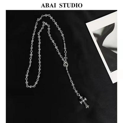 Ornate Silver Tone Cross Pendant Rosary Style Necklace