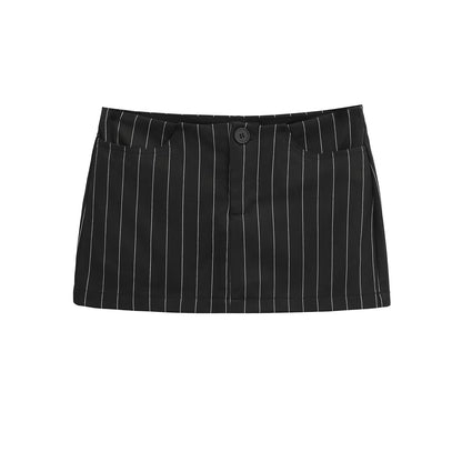 Classic Striped Low-Waisted Slim Fit Mini Skirt with Single Button