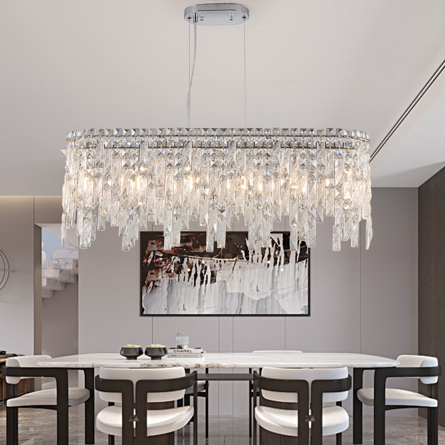 Luxury Modern Silver Oval Crystal Pendant Light - Elegant Chandelier for Living & Dining Room