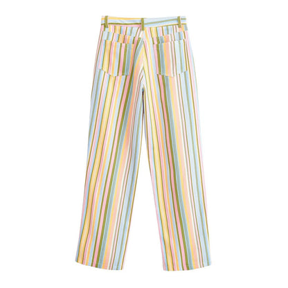 Retro Multicolor Striped High-Waisted Casual Trousers