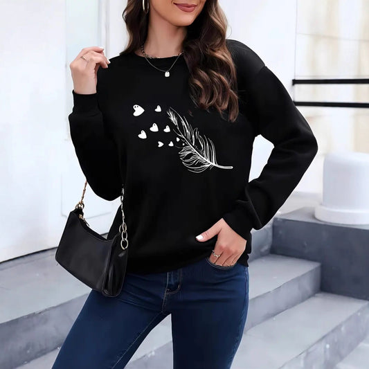 Feather & Heart Print Grey Sweatshirt | Cozy Long Sleeve Pullover for Women