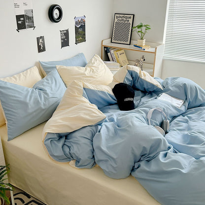 Premium Washed Cotton Double-Spliced Bedding Set – Soft Sky Blue & Cream 4-Piece Duvet Cover Set for Dormitory & Home