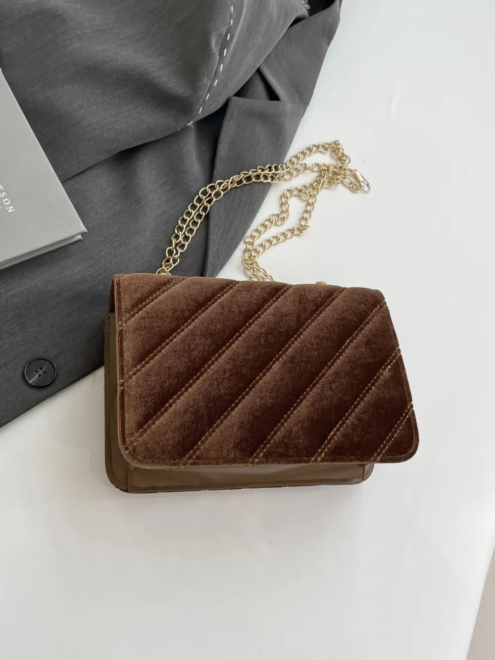 Black Velvet Chain Strap Shoulder Bag with Gold Hardware