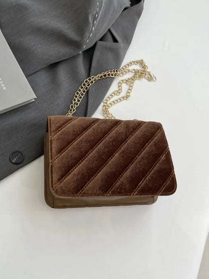 Black Velvet Chain Strap Shoulder Bag with Gold Hardware