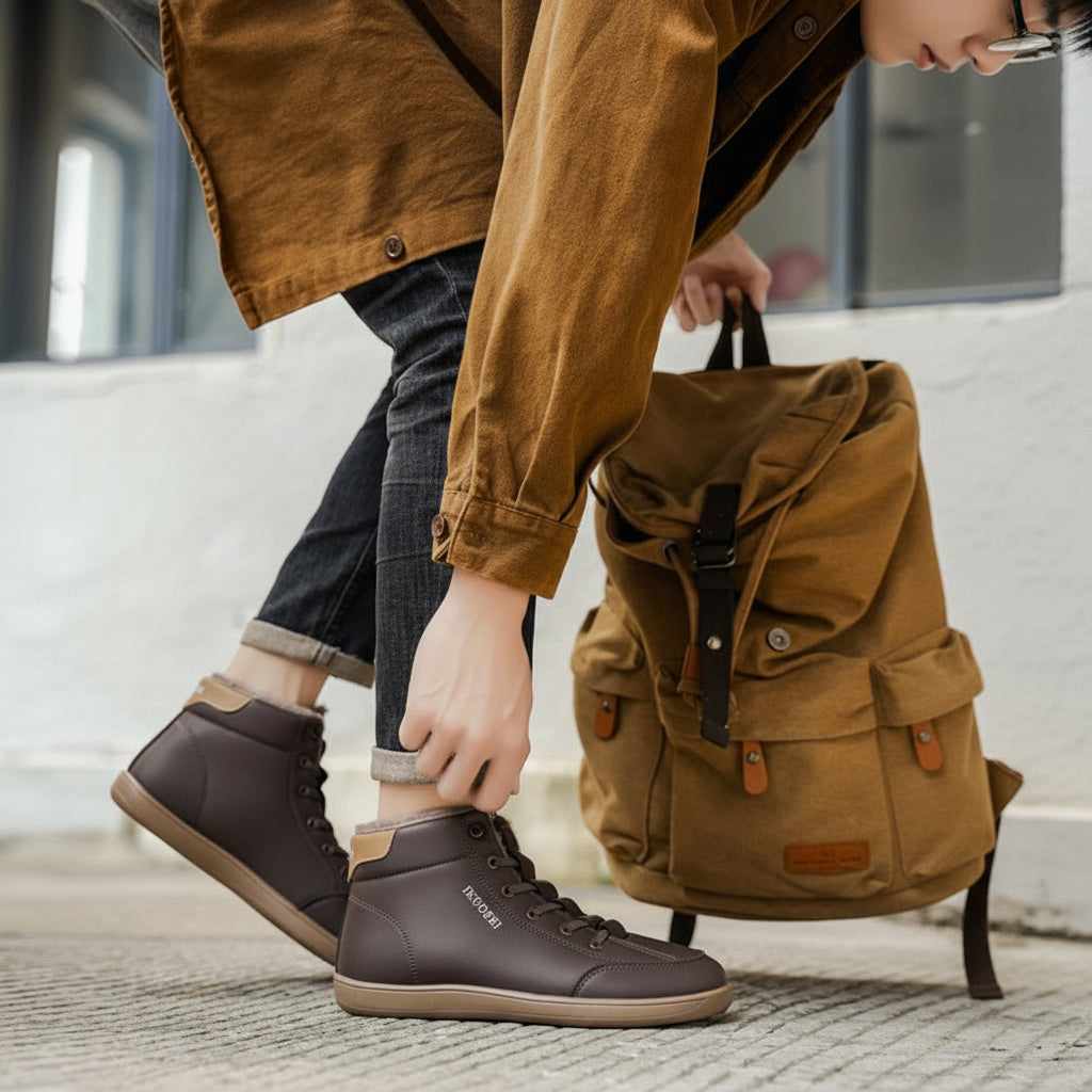 Person wearing brown high-top sneakers with a backpack in the background