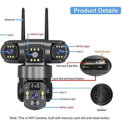 Wireless V380 Multi-View 3-Lens 4G/WIFI Solar Surveillance Camera