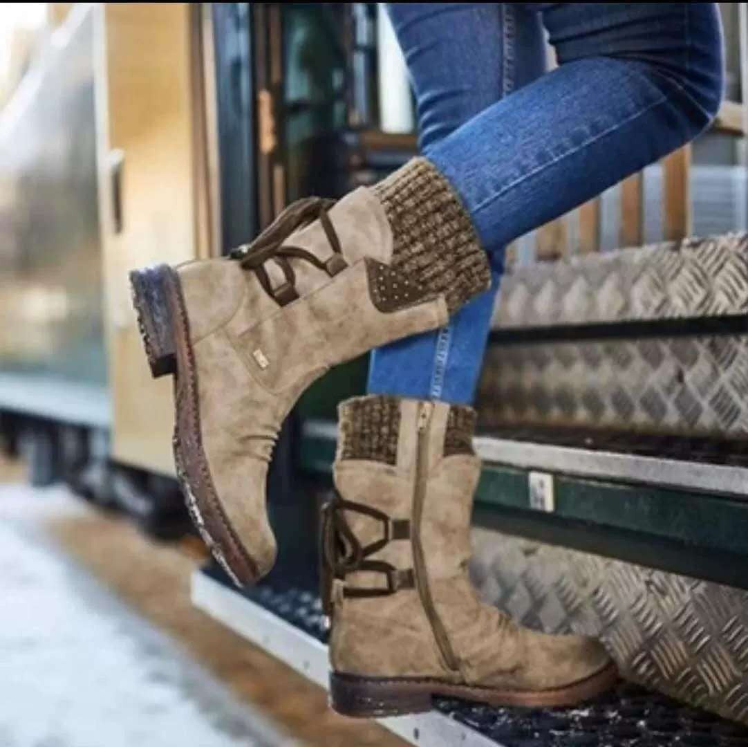 Women's Medium Flat Bottom Martin Boots (Square Heel and Back Strap)