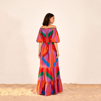 Vibrant Boho Geometric Patchwork Maxi Dress with Smocked Bust
